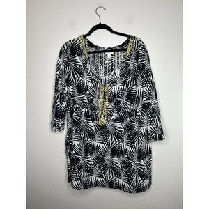 Charter Club Size Black White Palm Print Beaded Blouse Tunic Top Size 18W